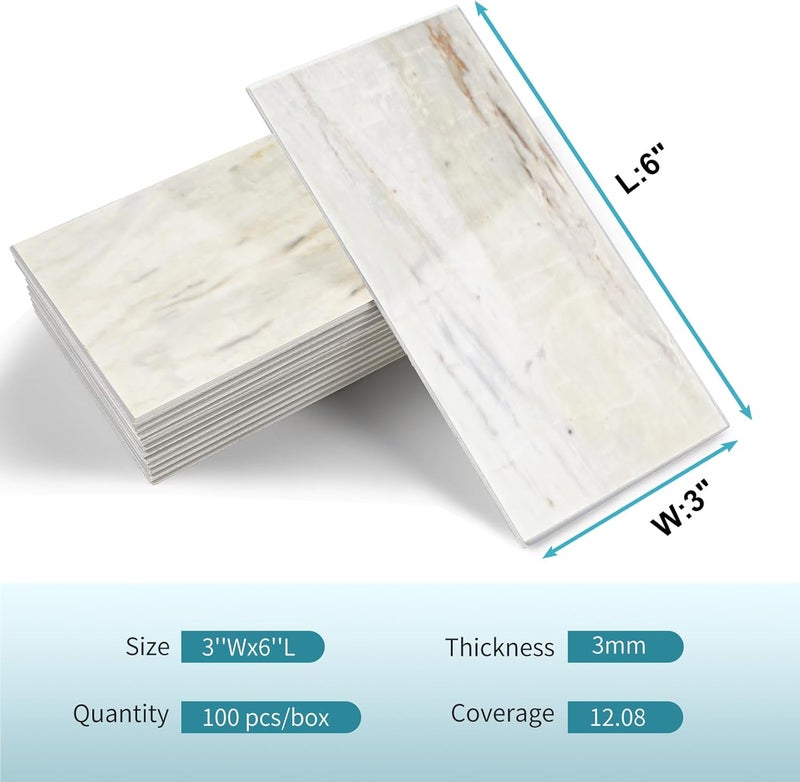 Vamos Tile 4-Piece Glossy Wooden Marble Grain Peel and Stick Backsplash Tile,3''x6'' PVC Subway Tile with White Grout, Stick on Backsplash for Kitchen/Bathroom/Fireplace - Image 2
